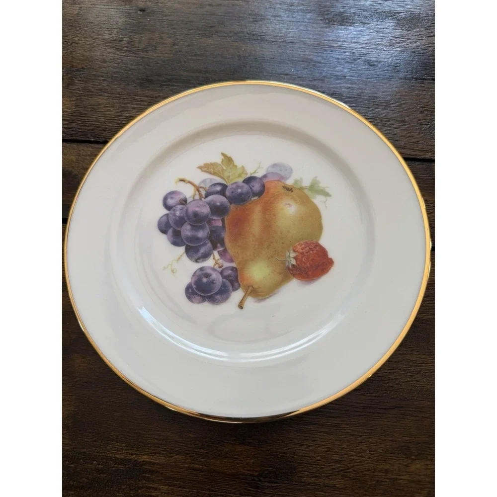 Josef Kuba Vintage Western Germany Fruit Plates Set of 6 Gold Trim Porcelain 8